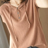 Women's T Shirt 100% Cotton Knitted Hooded T Shirt Short Sleeve Korean Loose Hoodies Cotton Linen V-neck Tshirts 2022 Summer
