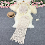 Toloer Tourist Vacation Wind Summer Sling Short Hook Flower Vest Long Skirt Two