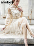 New Women Fashion Dress Stand Collar Lantern Sleeve Mesh Dress See-through Lace Embroidery Fairy Dress Femme Vestidos