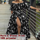 Off Shoulder Maxi Dress Celmia Women Lantern Sleeve Casual Loose Split Sundress Summer Buttons Party