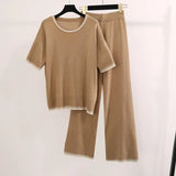 Simple Fashion Round-Neck Short-Sleeved Knitted Shirt High Waist Thin Trousers Pit Knitted Two-Piece