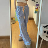 Vacation Lazy Wind Color Striped Dopamine Casual Pants Lace Lace Stitching Waist Straight Trousers-Outfit