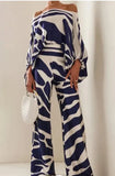Set Chic Print Lantern Sleeve Two Piece Sets Satin Top Wide Leg Pant Suit Women Off Shoulder Long Sleeve Office Lady Outfit-Outfit