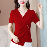 Color Summer Women's Clothing Shirring Pullover Button V-Neck Short Sleeve Asymmetrical T-shirt Casual Elegant Tops-Outfit