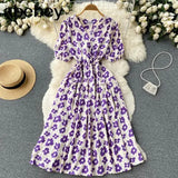 Sweet Floral Dresses Women V Neck Puff Sleeve Print Boho Beach Dress Summer Bohemian Print A-line Midi Dress