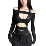 Toloer 2024 New Women's Fashion Sexy Mesh Stitching Long Sleeve Hollow Out Slim Crop Jumpsuit-Outfit