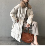 Faux rabbit fur collar women's winter down jacket long drawstring slim zipper ladies chic coat loose oversize outwear