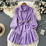2022 Autumn New Lace Embroidery Dress Women Lantern Sleeves Dresses Female Vintage Party Beach Mini Short