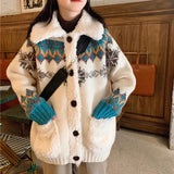 Women Christmas Jackets Knitting Lamb Wool Turn-down Collar Thickened Warm Sweater Cardigan Warm Loose