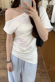 Seam Forked Irregular Shoulder Short-Sleeved T-Shirt Women's New Summer Design Feel Minority Lazy Style Beautiful Blouse-Outfit