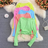 Women Fashion Korean Blouse Design Hollow Waist Long Sleeve O Neck Slim Tops Autumn Chic Streetwear Short Blouses