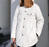 Argyle Casual Buttons Parkas Women Fashion Turn Down Collar Coats Women Elegant Pockets Cotton Jackets Female