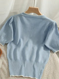version nail bead mesh bow round neck short sleeve top women's 2023 new waist closing thin knitted