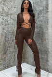 Winter Sexy Brown Pu Leather Bandage Long Sleeve Crop Top And Pant Womens 2 Piece