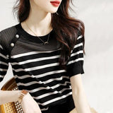 Women's Striped Round Neck Button Pullover Gauze Solid Short Sleeve T-shirt Casual Office Lady Vintage Knitted Tops-Outfit