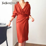 Autumn Women's Dresses Long Sleeve Bandage V Neck High Waist Midi Shirt Dress Female Elegant Fashion Korean
