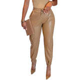Women PU Leather Autumn Fashion Elegant Office Casual Loose Harem Leather Pants Elastic High Waist Female Long Trousers-Outfit