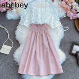 New Summer Sweet fake two piece Slash neck Dress three dimensional flower stitching waist closing slim