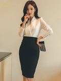 Han Queen Hot sale Autumn Black White Stitching Office Sheath Bodycon Pencil Dress High Waist Chic Party Women's Dresses-Outfit