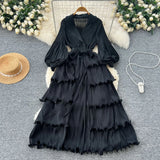 New Elegant Dress Spring Dress High-End Retro Collar Lantern Sleeves To Close Waist Lotus Leaves Side Pressure Skirt Dress