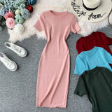 Solid-Color Temperament Round-Neck Knitted Tight Skirt Dress Bag Hip One-Step Skirt Dress Mid-Long