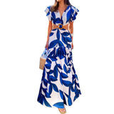 Toloer Women's New Autumn Print V-Neck Sexy Waist Band Pleated