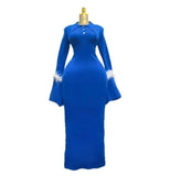 Fashion Temperament Plain Knitted Pit Long Sleeve Feathers Collar Long Dress Female