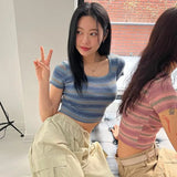 Korean Fashion Ribbed T-shirts Grunge Tie Dye Knitted Crop Tops Sexy Slim Short Sleeve Tee Shirts Vintage Streetwear