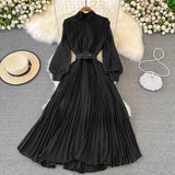 VAREY LIN New Spring Pleated Dress Women Elegant Stand Collar Solid Color Long Dress with Belt Lady Fashion Chiffon