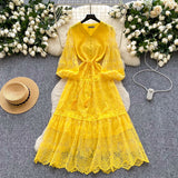High-End Elegant Dress Female Senior Sense Strap To The Waist Lantern Sleeve Embroidered Mesh A Word Over Knee