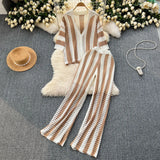 Women's Summer V-Neck Loose Knitted Cardigan Top + Broad Leg Trousers Set With Striped Hollow
