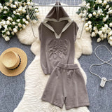 Fashion Set Women's Summer Design Three-Dimensional Relief Hooded Sleeveless Knitted Tops High Waist Broad Leg