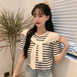 Red Fashion Short-Sleeved Knitted Shirt 2025 New Ocean Shawl Fake Two T-Shirt Striped