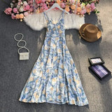 New Summer Fashion V-neck sleeveless off shoulder Dress high waist pleated waist print mid-length A-line