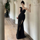 Elegant Dresses Women Sexy Diagonal Collar Irregular Off Shoulder Ruffles Backless Slim Split Mermaid Dress Party Ladies-Outfit