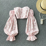 Women Boho Floral Blouse French Lace Square Collar Puff Sleeve Slim Ruffles Tops Autumn Korean Elastic Ruched