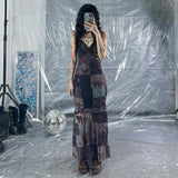 Toloer Floral Lace Stitching Chest V Neck Sling Dress Female V Neck Show Thin Gauze Dress Long Skirt-Outfit