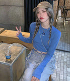 Toloer Tie Long Sleeve T-Shirt Female Spring Fall 2024 New Design Sense Short Top Ins Tide Crop Bottom Shirt-Outfit