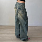 Toloer Wind Do Old Wash Water Division Casual Jeans Low Waist Straight Tube Loose Show Thin Casual Pants-Outfit