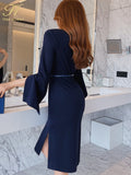 Han Queen New V-Neck Split Vintage Vestidos Simple Chic Work Wear Dress Women Office Bodycon Sheath Casual Pencil Dresses-Outfit
