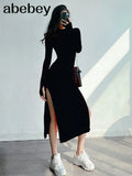 Senior Knitted Dress Women Long Sleeve Elastic Waist Split Sweater Dress Ladies Party Sexy Warm Long