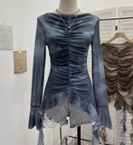 Shooting Hot Girl Horn Sleeve Net Yarn Bottom Shirt Girl Body Waste Wind Irregular Ribbon Long-Sleeved Top