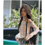 Spicy Girl Lace Diagonal Neck Elegant Long sleeved T-shirt Women Tops Spring Bottoming Shirt Slim Lace Sexy Short Top-Outfit