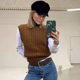 Ardm Za 2020 Women Fashion With Ribbed Trim Cable-knit Sweater Vest Vintage High Neck Sleeveless Twist Female Waistcoat Chic