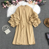 New Summer Fashion All-match stand collar puff sleeve Dress multi layer Ruffles loose Shirt