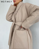 Thickening Winter Down Jacket Women Belted Cotton Padded Parkas Female Wide-waisted Long Bubble Coat Windbreakers