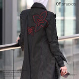 New Striped Splicing Irregular Ribbon Handmade Flowers Long Blazer Wind Coat