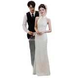 Chinese Champagne-Colored Engagement Cheongsam Toast Bridal Fishtail Dress Beautiful Registration Certificate Wedding