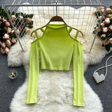 Women Korean Knitted Blouse Design Hollow Off Shoulder Long Sleeve Slim Tops Autumn Fashion Streetwear Short