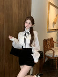 Elegant Shirts Women French Style Bow Stand Collar Long Sleeve Ruffles Spring Summer Office Lady Blouse Fashion Tops-Outfit